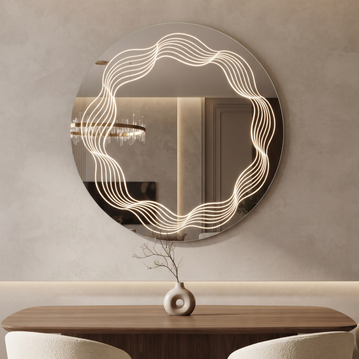 Modern Round Frameless LED Mirror with Unique Concentric Wavy Inner Light Pattern
