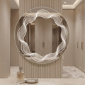 Modern Round Frameless LED Mirror with Unique Concentric Wavy Inner Light Pattern