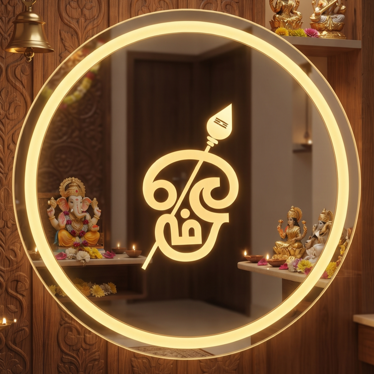 Round LED Wall Mirror with Auspicious Motif