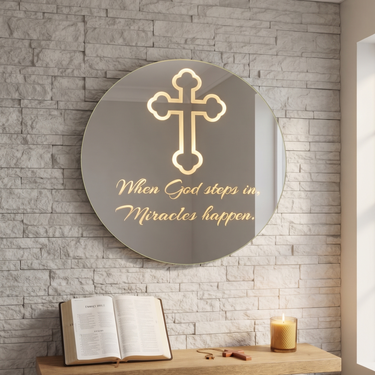 Modern Christian Cross Design Round Frameless LED Wall Mirror