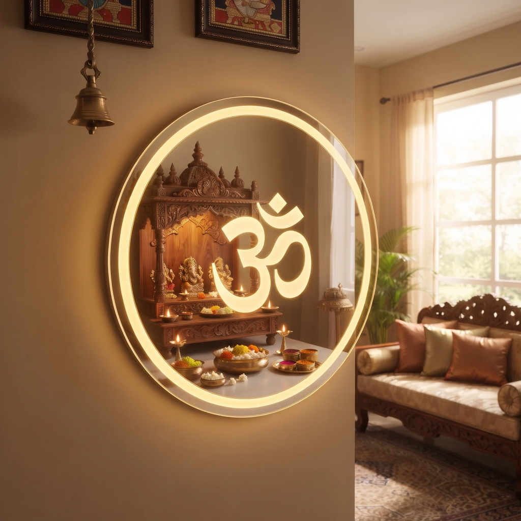 Round LED Om Motif Wall Mirror