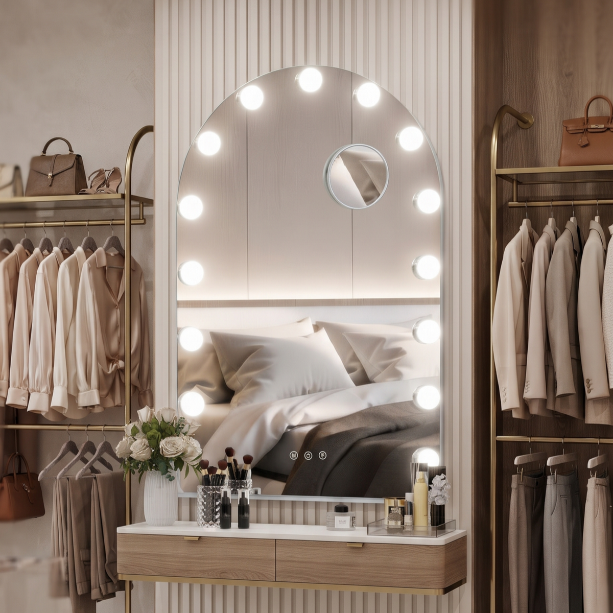 Arched Hollywood Vanity Mirror with Built-In LED Bulbs and Magnifier