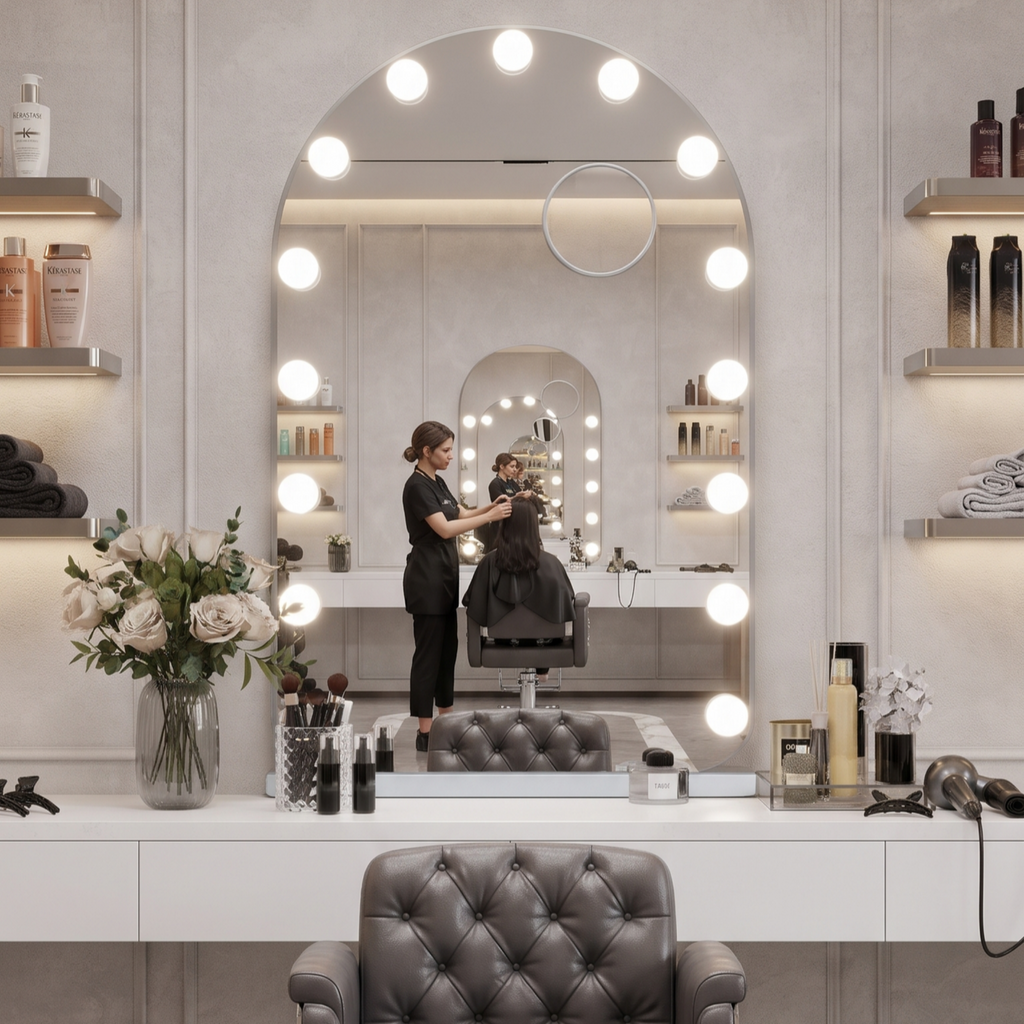 Arched Hollywood Vanity Mirror with Built-In LED Bulbs and Magnifier