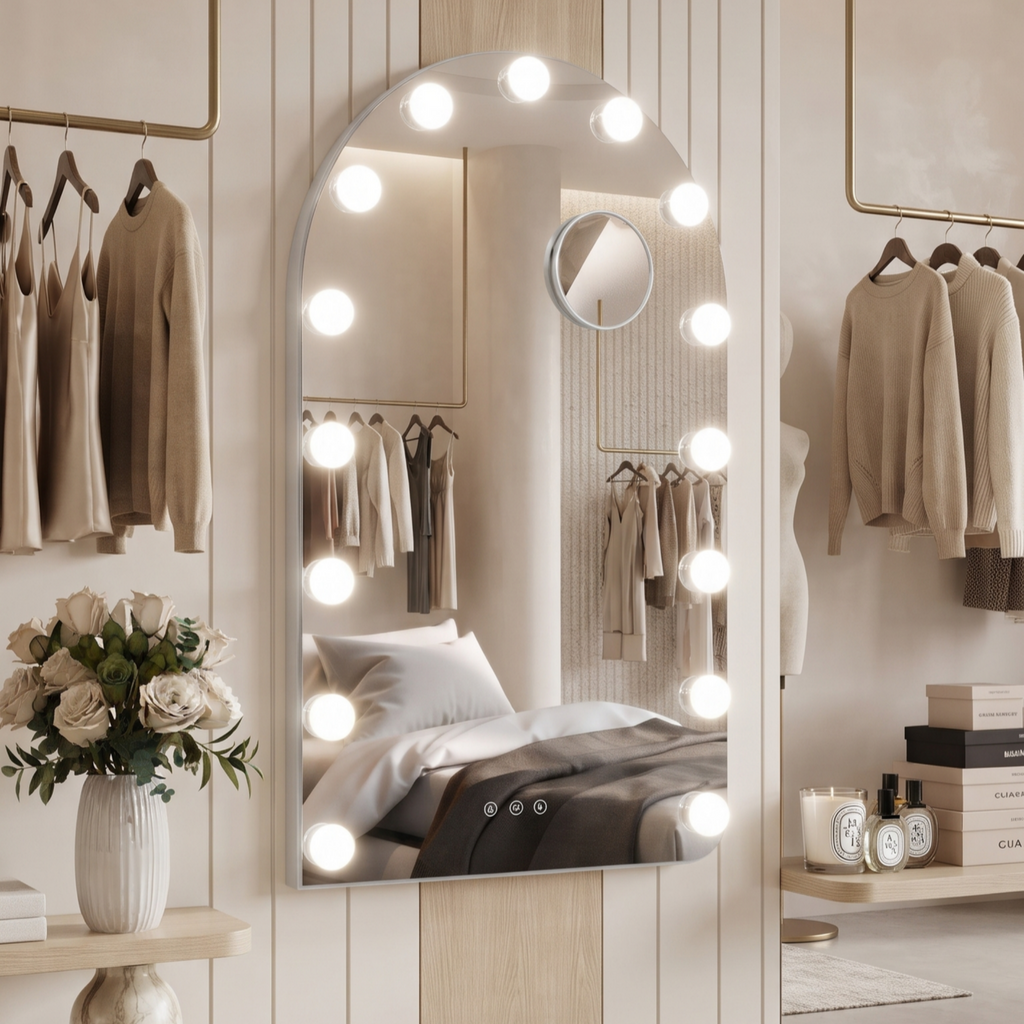 Arched Hollywood Vanity Mirror with Built-In LED Bulbs and Magnifier