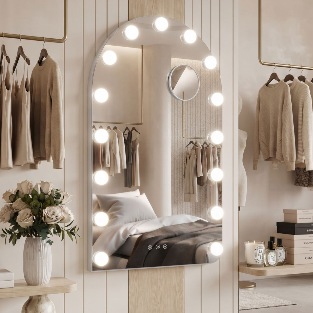 Arched Hollywood Vanity Mirror with Built-In LED Bulbs and Magnifier