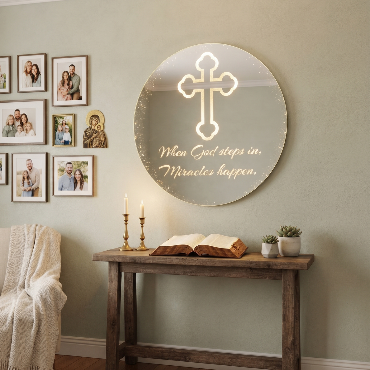 Modern Christian Cross Design Round Frameless LED Wall Mirror