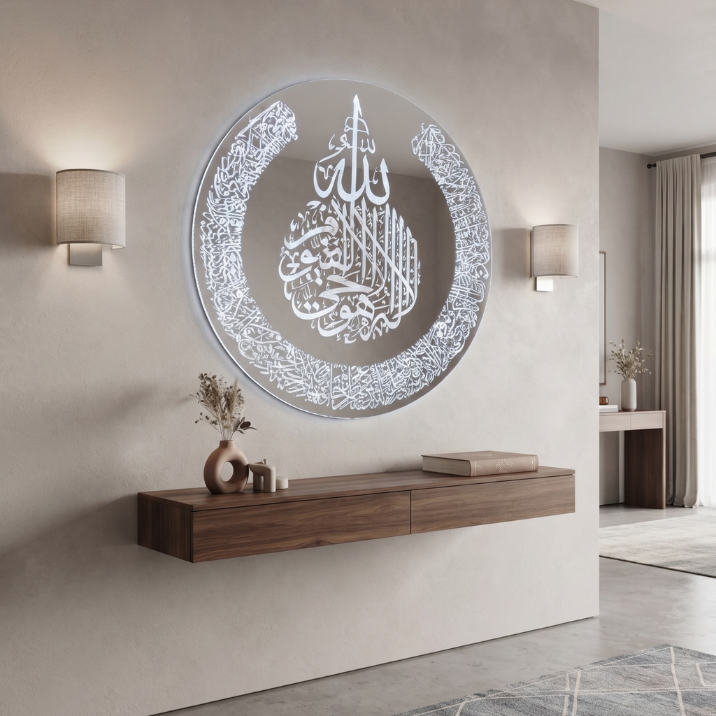 Round Frameless LED Wall Mirror with Arabic Calligraphy