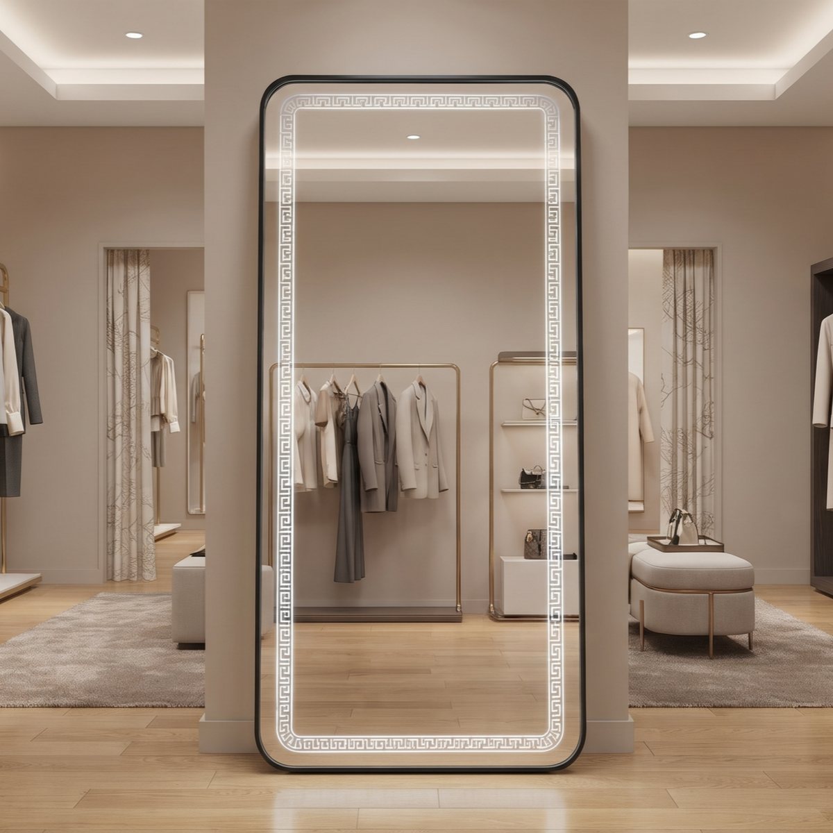 Modern Black Framed Full-Length LED Mirror with Geometric Frosted Border