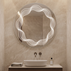 Modern Round Frameless LED Mirror with Unique Concentric Wavy Inner Light Pattern