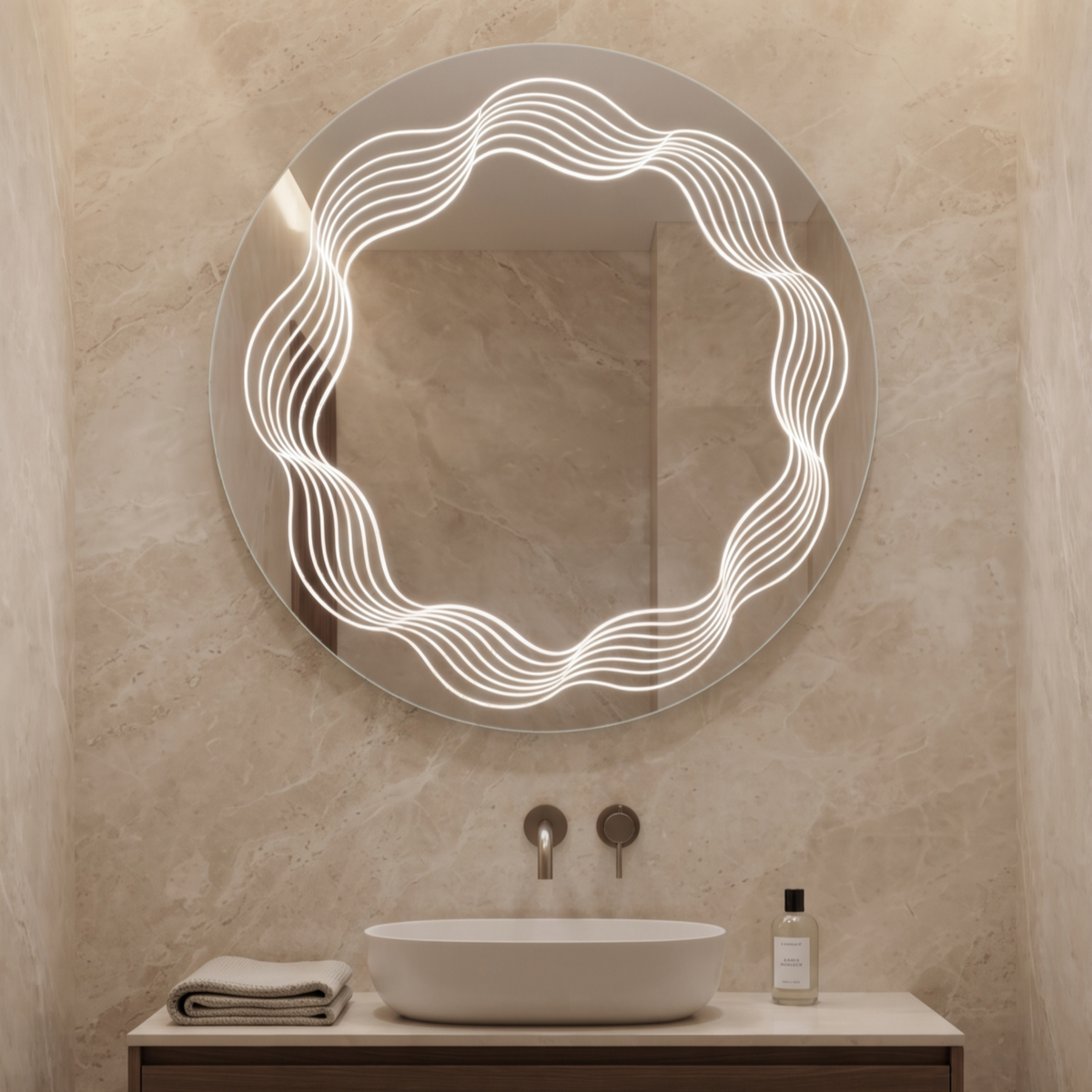 Modern Round Frameless LED Mirror with Unique Concentric Wavy Inner Light Pattern
