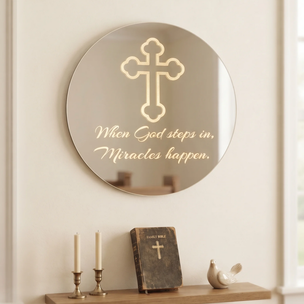 Modern Christian Cross Design Round Frameless LED Wall Mirror