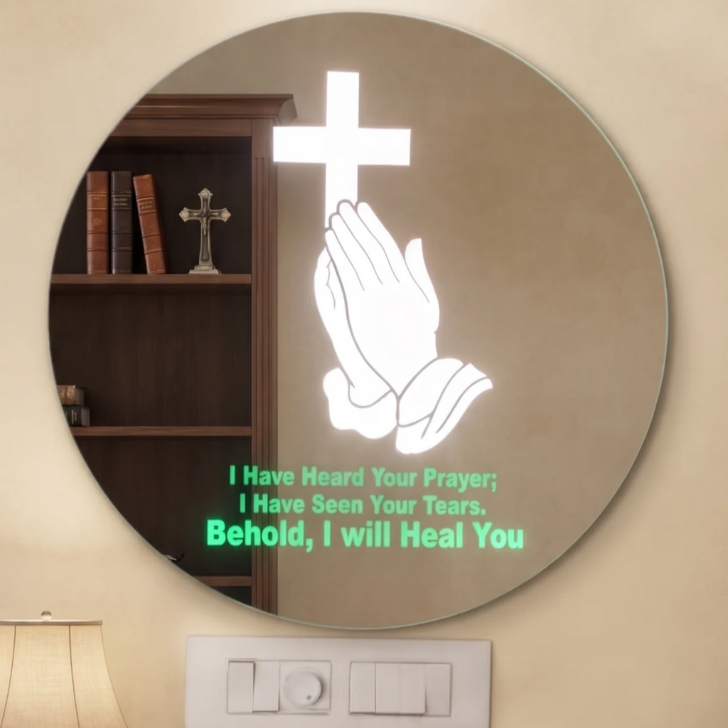 Round Frameless LED Wall Mirror with Prayer and Healing Script Illumination