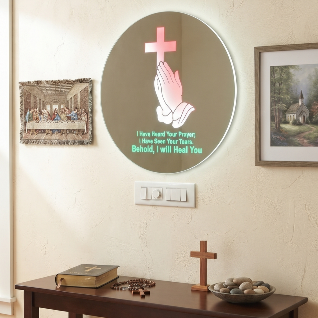 Round Frameless LED Wall Mirror with Prayer and Healing Script Illumination