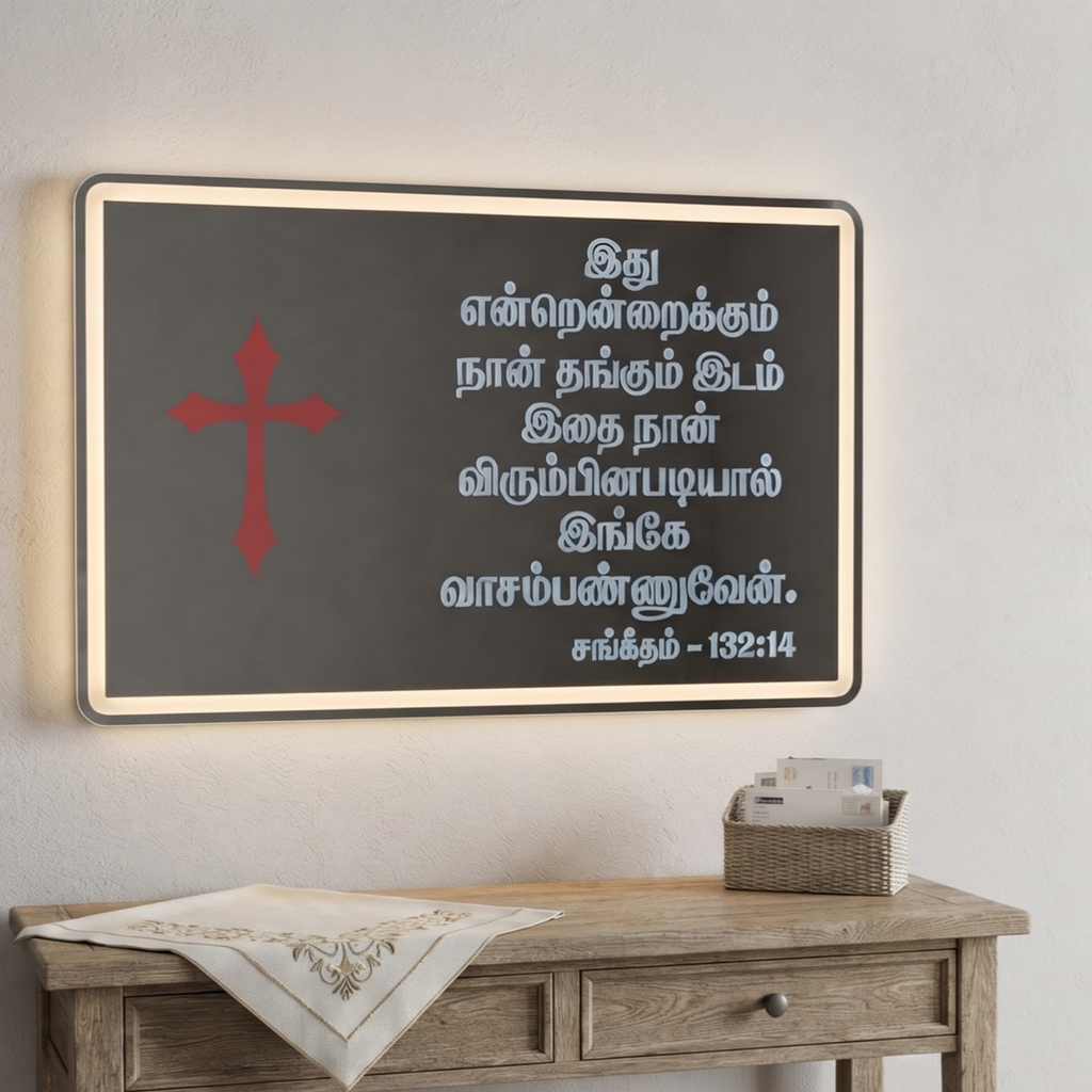 Premium Frameless LED Wall Mirror with Custom Scripture & Cross Design
