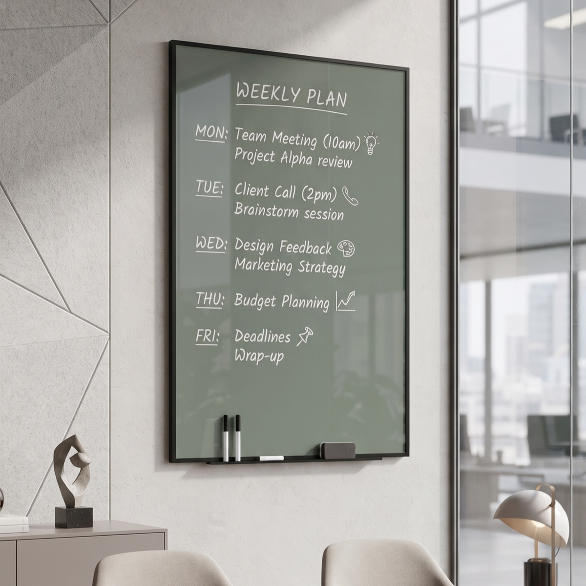Wall-Mounted Magnetic Glass Writing Board with Tray, Green