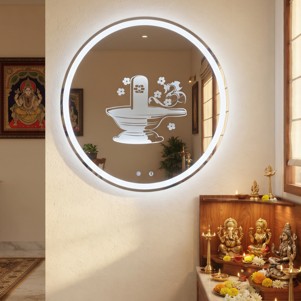 Round Frameless LED Wall Mirror with Spiritual Shivling Etching