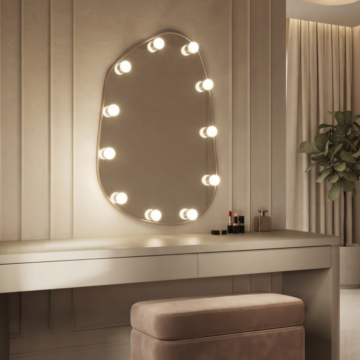 Illuminated Organic Irregular Hollywood Makeup Mirror with Built-In Bulbs