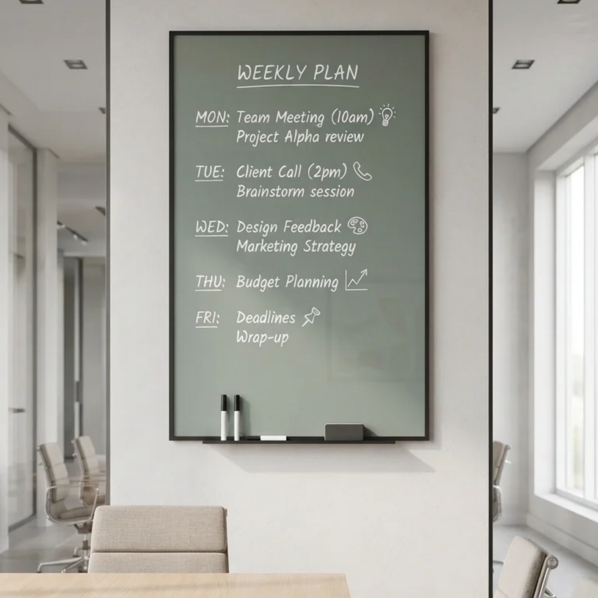 Wall-Mounted Magnetic Glass Writing Board with Tray, Green
