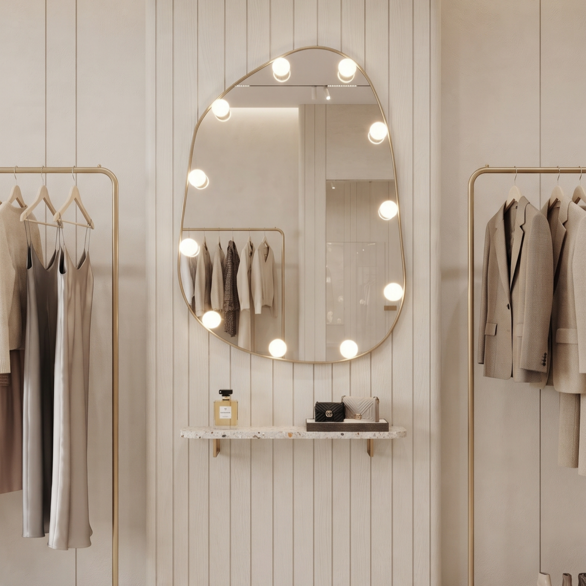 Illuminated Organic Irregular Hollywood Makeup Mirror with Built-In Bulbs