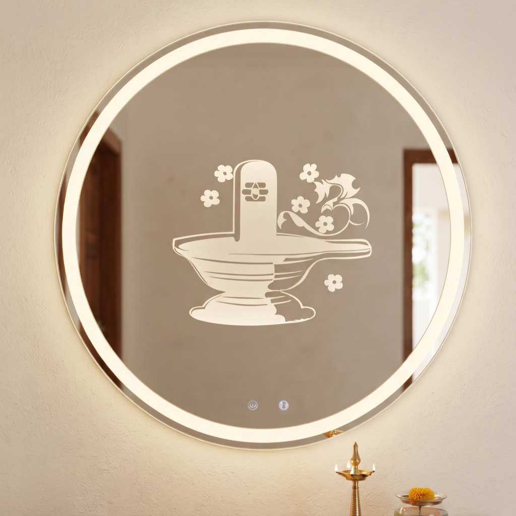 Round Frameless LED Wall Mirror with Spiritual Shivling Etching