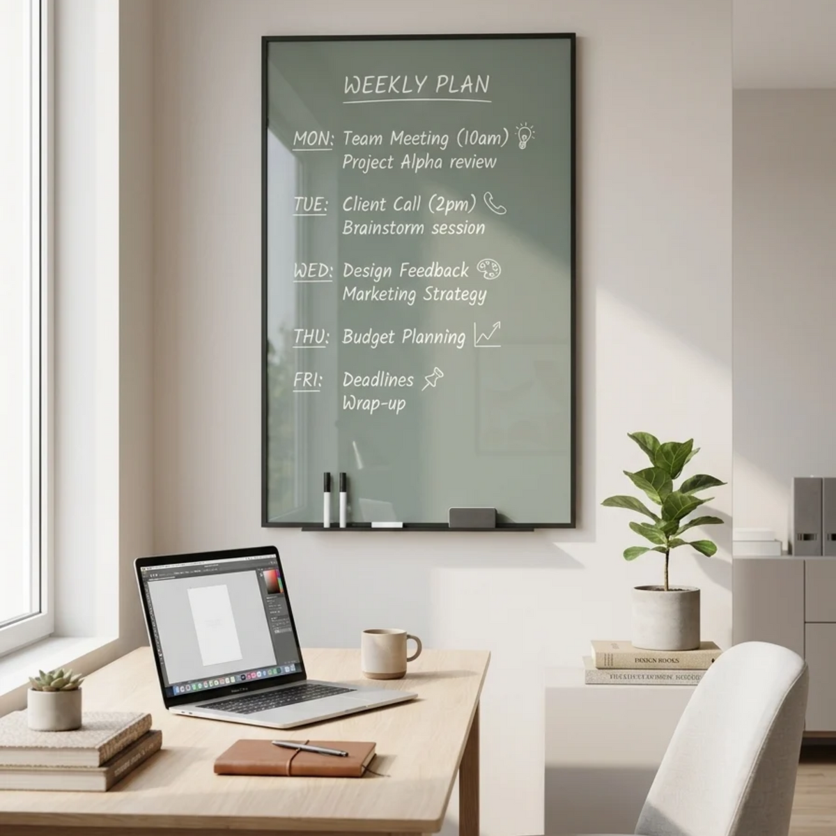 Wall-Mounted Magnetic Glass Writing Board with Tray, Green