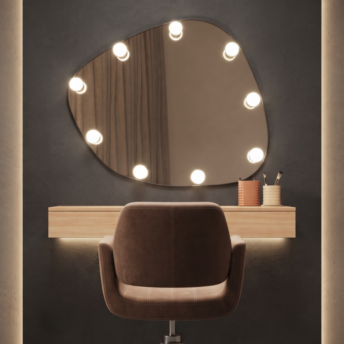 Illuminated Asymmetrical Vanity Mirror with Hollywood Bulbs