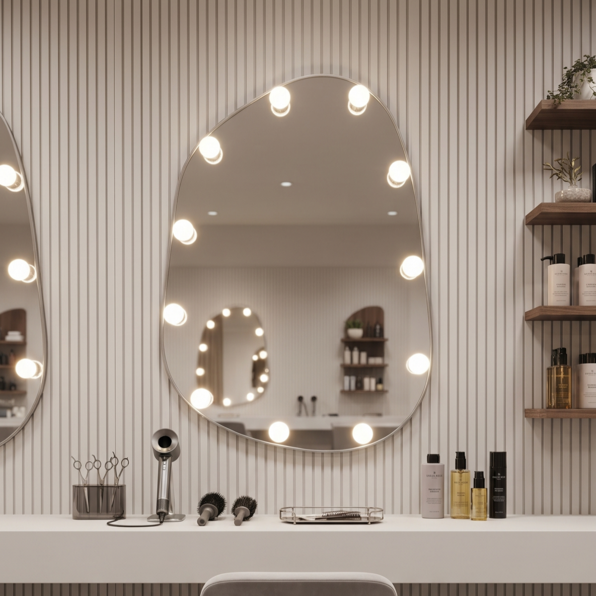 Illuminated Organic Irregular Hollywood Makeup Mirror with Built-In Bulbs