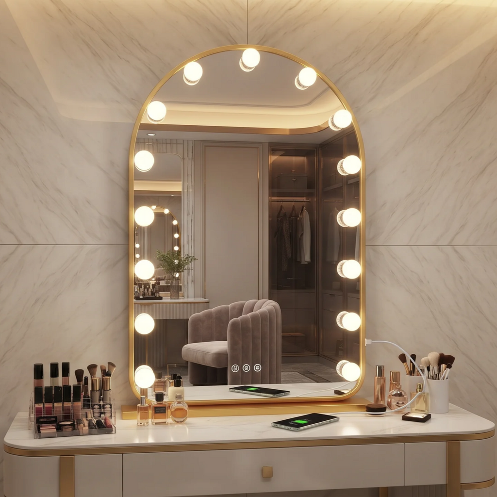 Gold Arched Hollywood Vanity Mirror with Perimeter Bulbs and Touch Controls