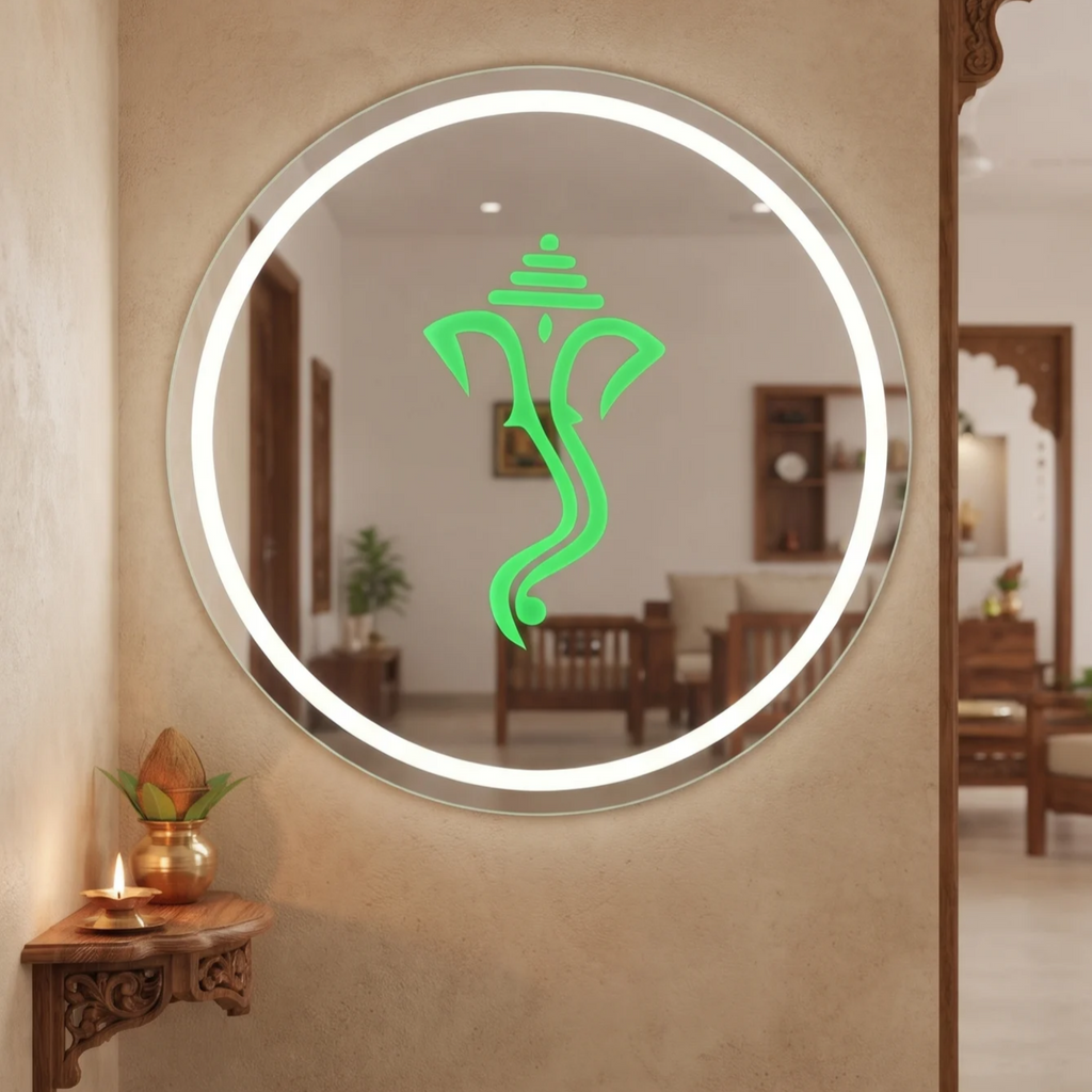 Round Frameless LED Wall Mirror with Ganesha Motif