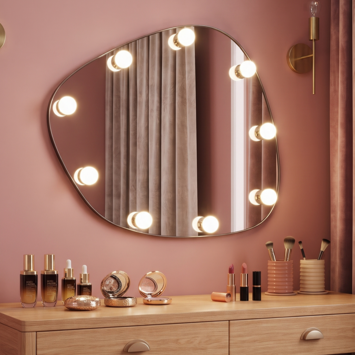 Illuminated Asymmetrical Vanity Mirror with Hollywood Bulbs