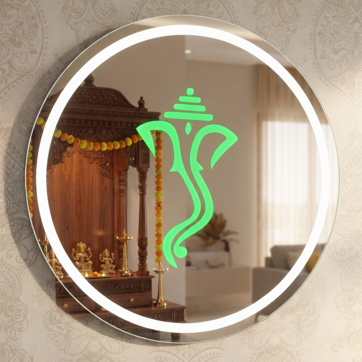 Round Frameless LED Wall Mirror with Ganesha Motif