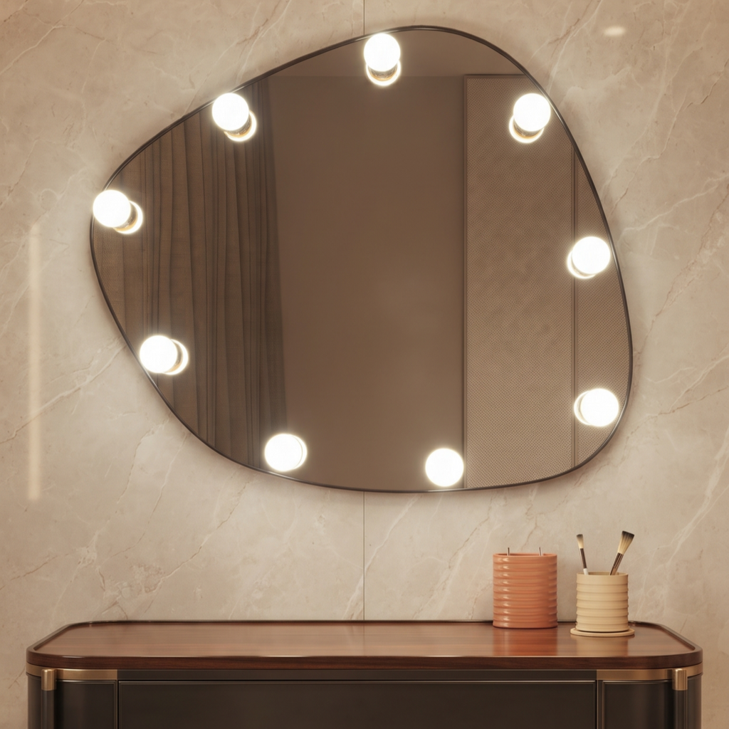 Illuminated Asymmetrical Vanity Mirror with Hollywood Bulbs