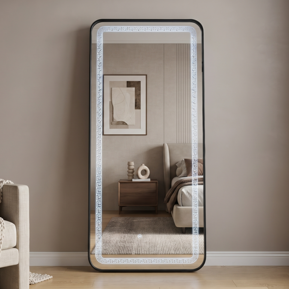 Modern Black Framed Full-Length LED Mirror with Geometric Frosted Border