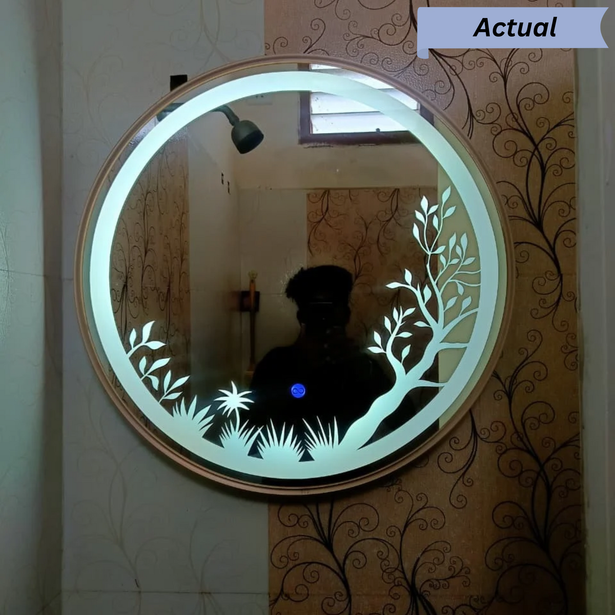 Round Framed LED Mirror with Etched Floral Design