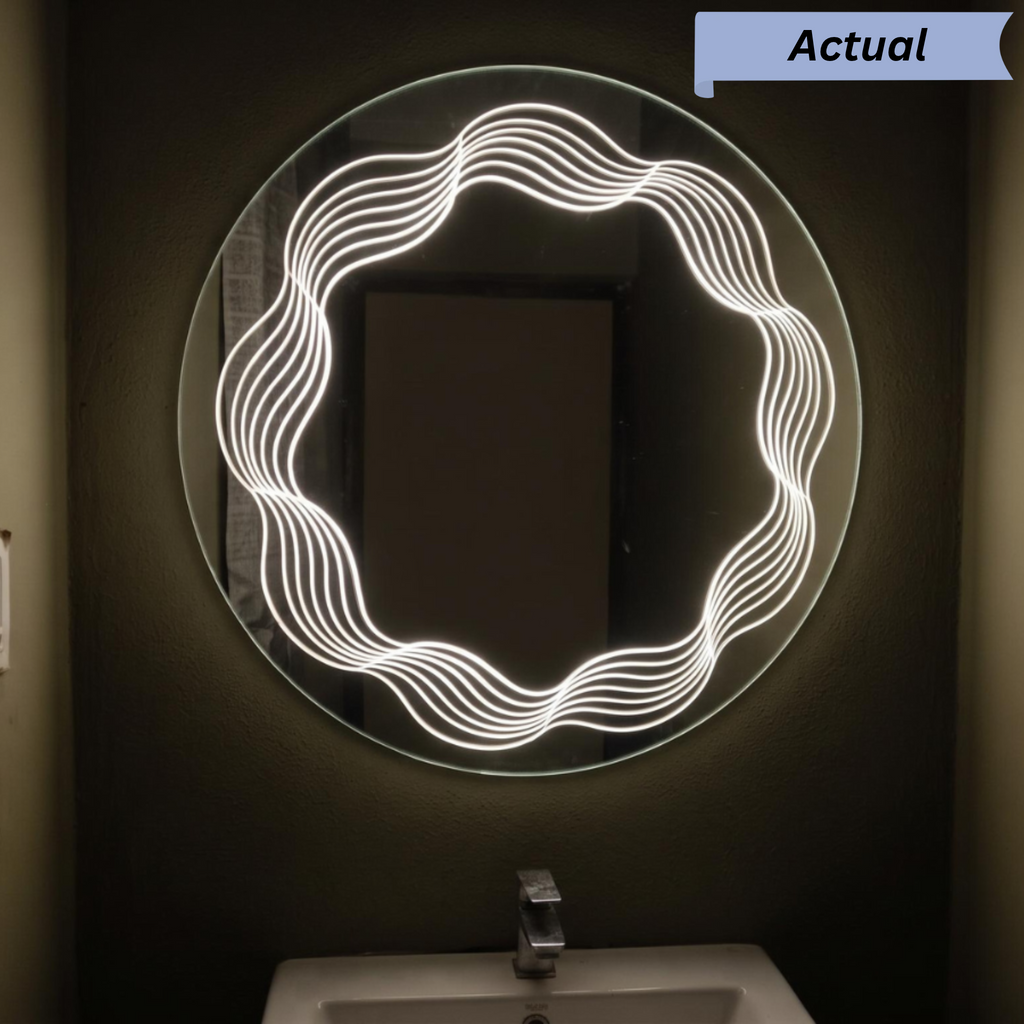 Modern Round Frameless LED Mirror with Unique Concentric Wavy Inner Light Pattern