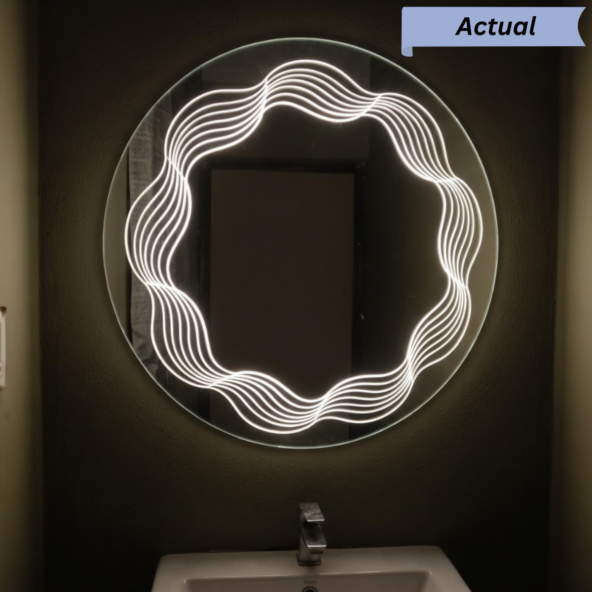 Modern Round Frameless LED Mirror with Unique Concentric Wavy Inner Light Pattern