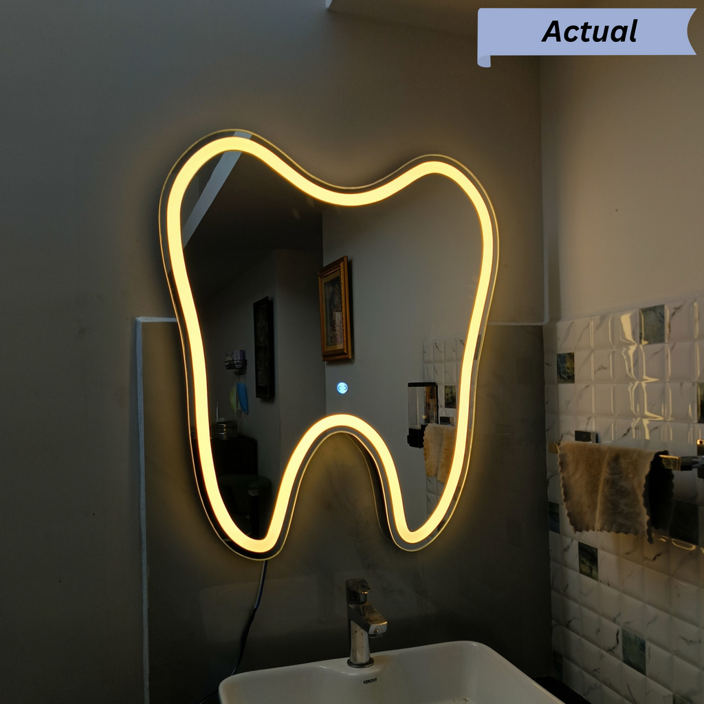 Tooth-Shaped Frameless LED Wall Mirror – Dental Clinic & Professional Space