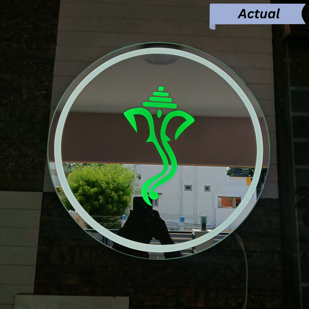 Round Frameless LED Wall Mirror with Ganesha Motif