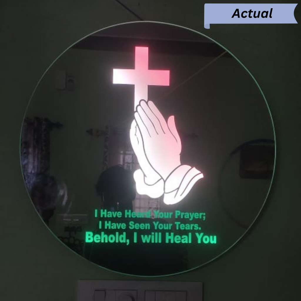 Round Frameless LED Wall Mirror with Prayer and Healing Script Illumination