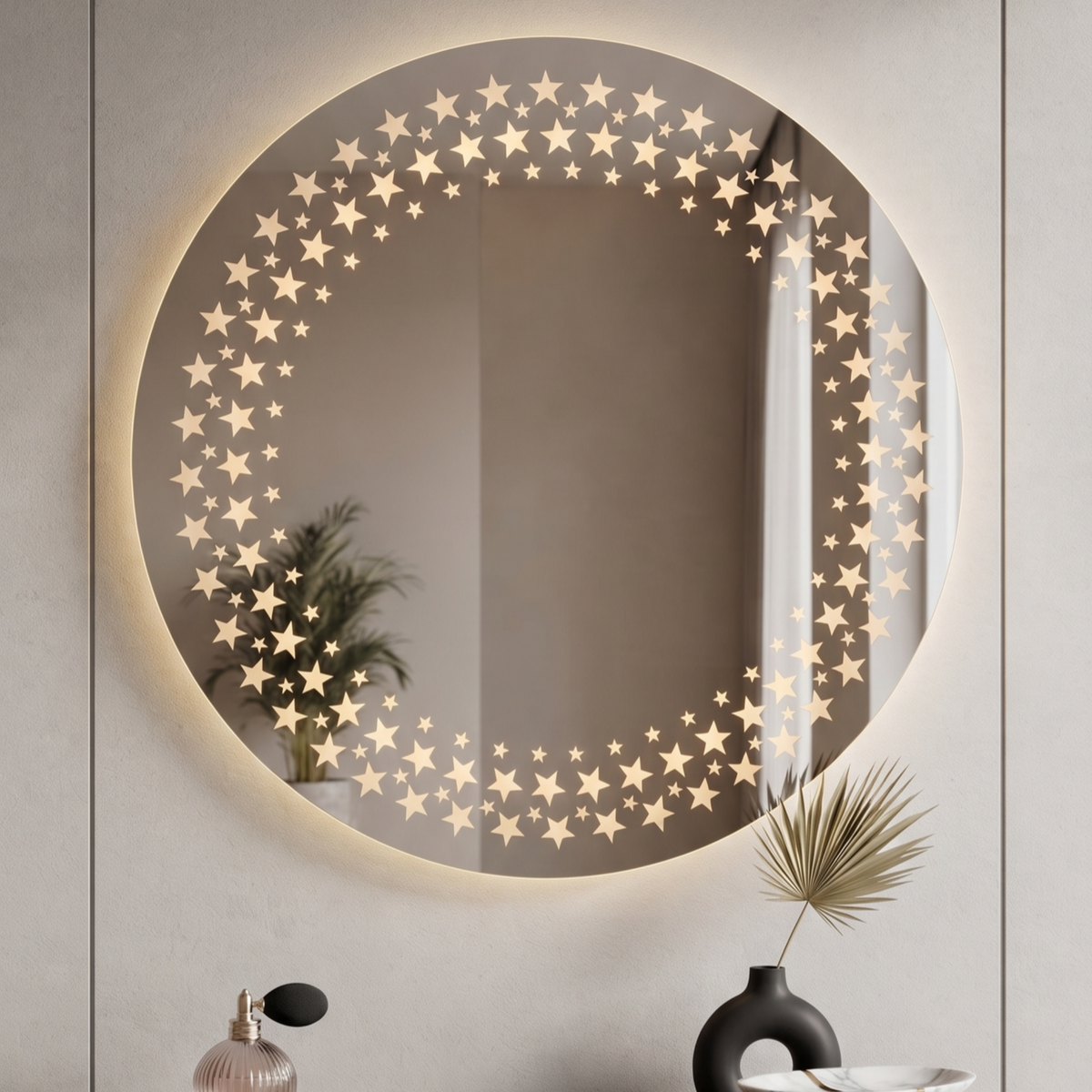 Round Frameless LED Wall Mirror with Star Pattern