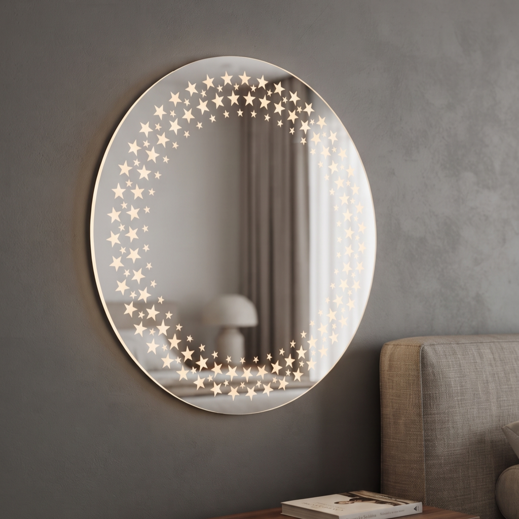 Round Frameless LED Wall Mirror with Star Pattern