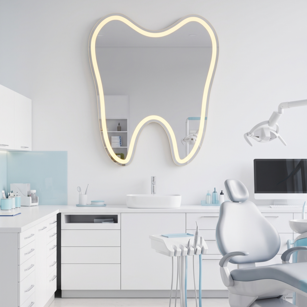Tooth-Shaped Frameless LED Wall Mirror – Dental Clinic & Professional Space