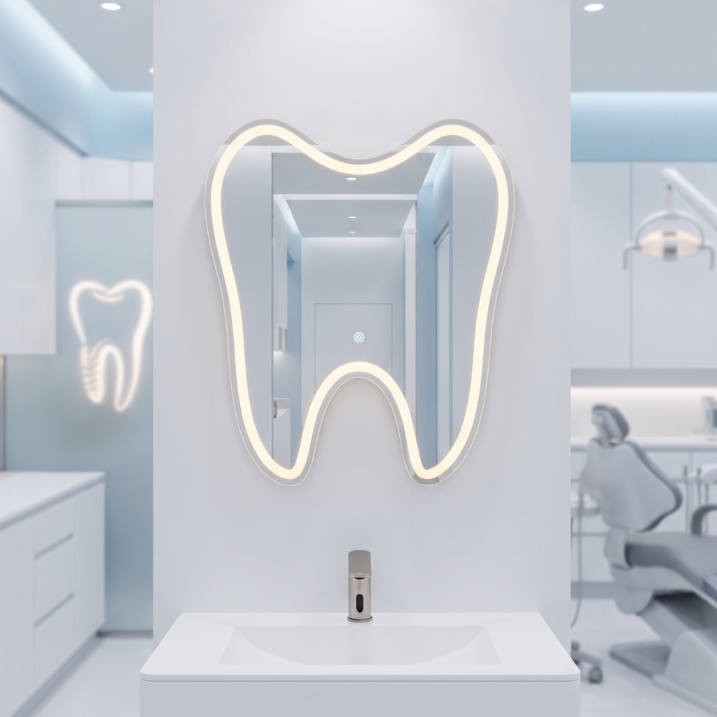 Tooth-Shaped Frameless LED Wall Mirror – Dental Clinic & Professional Space