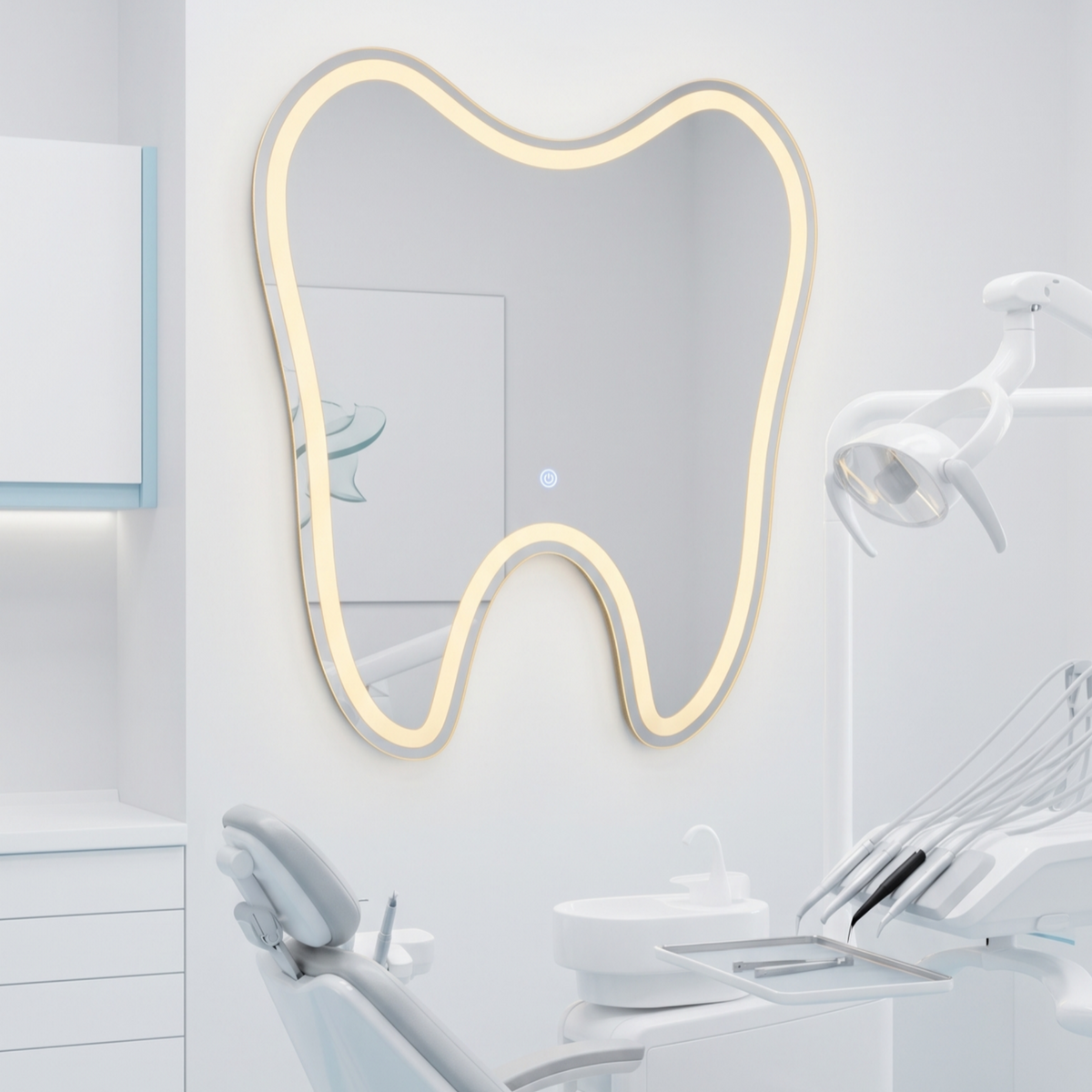 Tooth-Shaped Frameless LED Wall Mirror – Dental Clinic & Professional Space