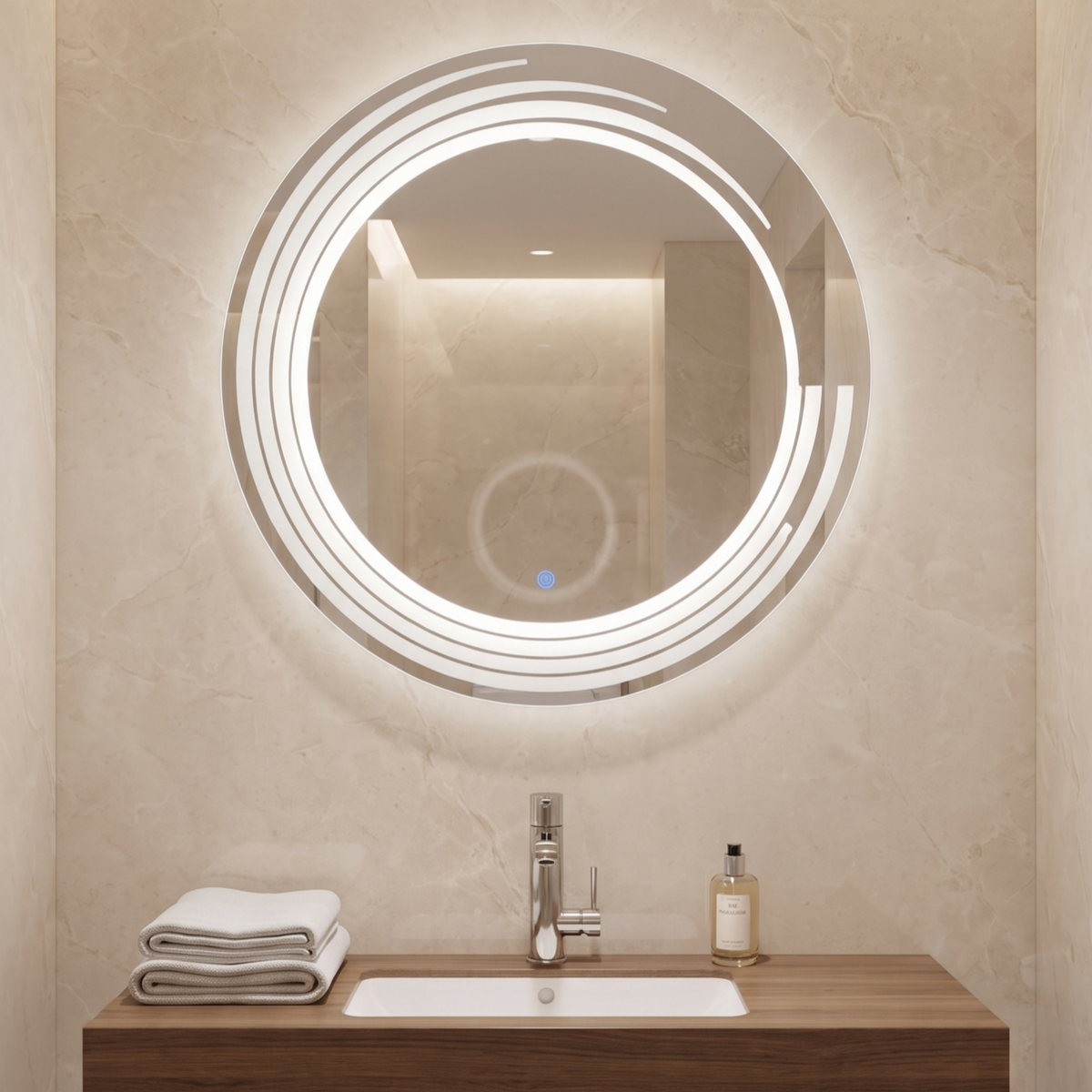 Stylish Illuminated Frameless Round Wall Mirror