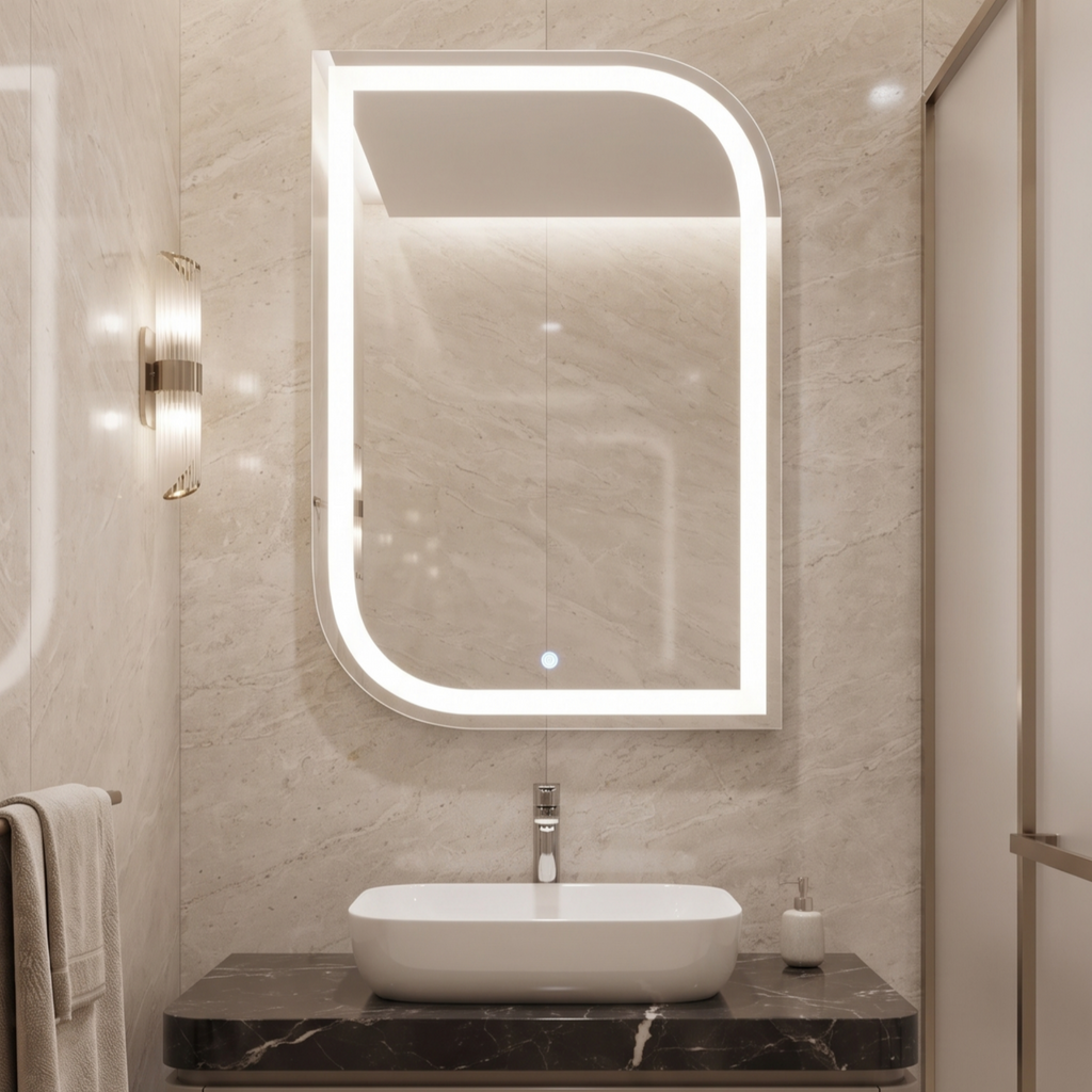 Modern Curved Frameless LED Wall Mirror – Vanity & Home Decor
