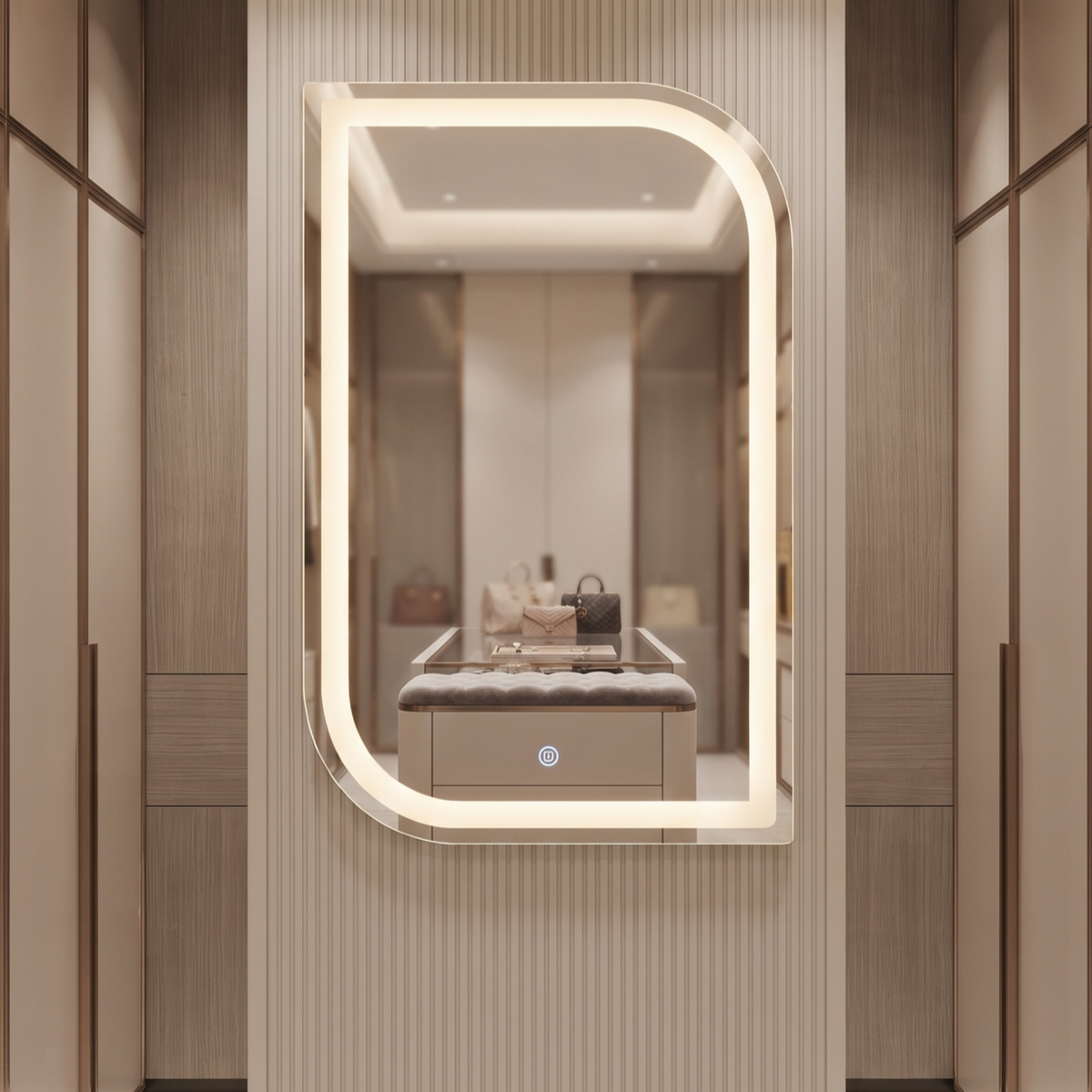 Modern Curved Frameless LED Wall Mirror – Vanity & Home Decor