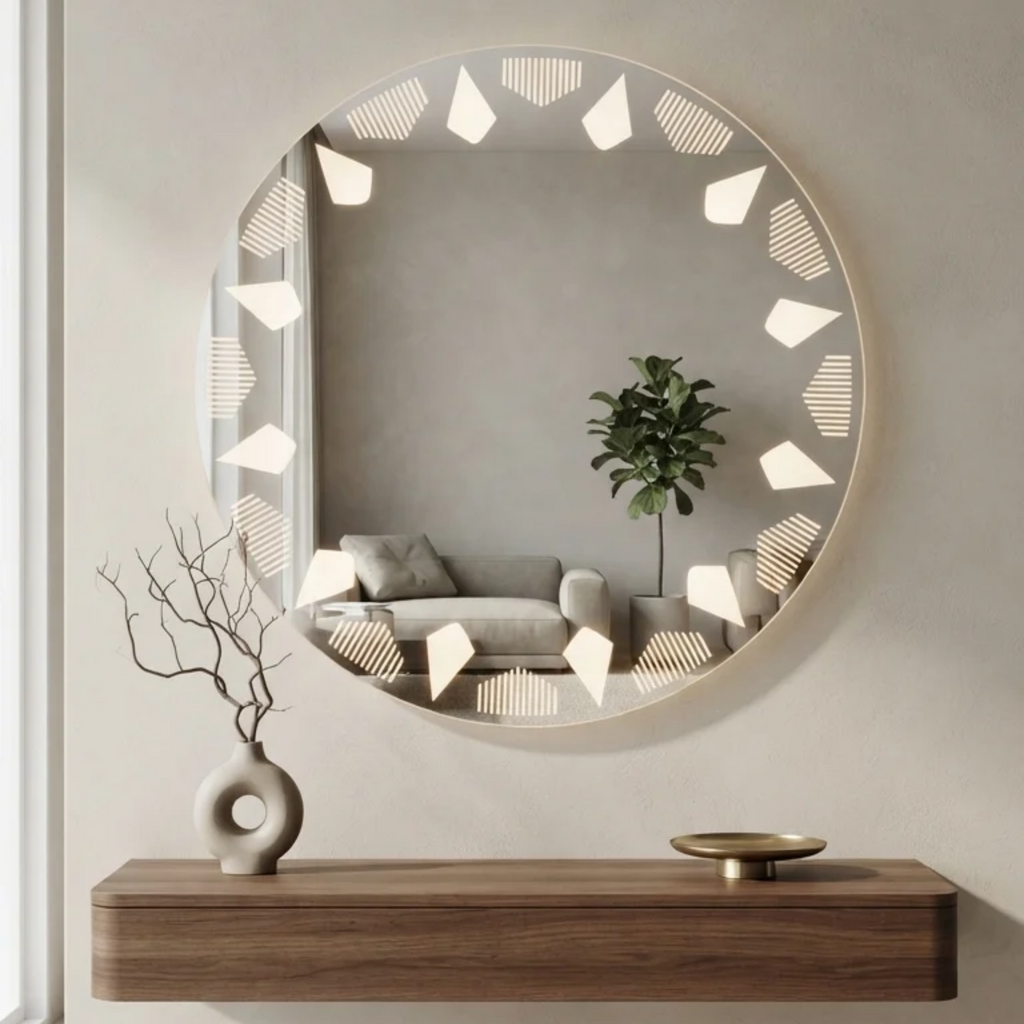 Modern Round Frameless LED Wall Mirror with Geometric Illuminated Pattern