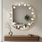 Modern Round Frameless LED Wall Mirror with Geometric Illuminated Pattern