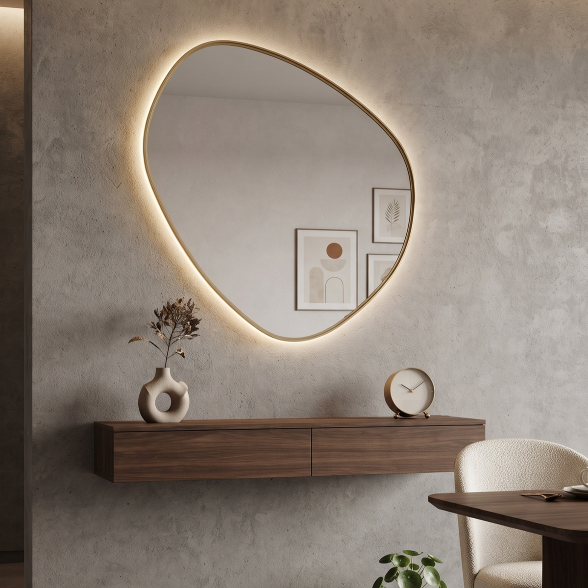 Modern Asymmetrical Frameless LED Wall Mirror – Dressing Area & Bedroom